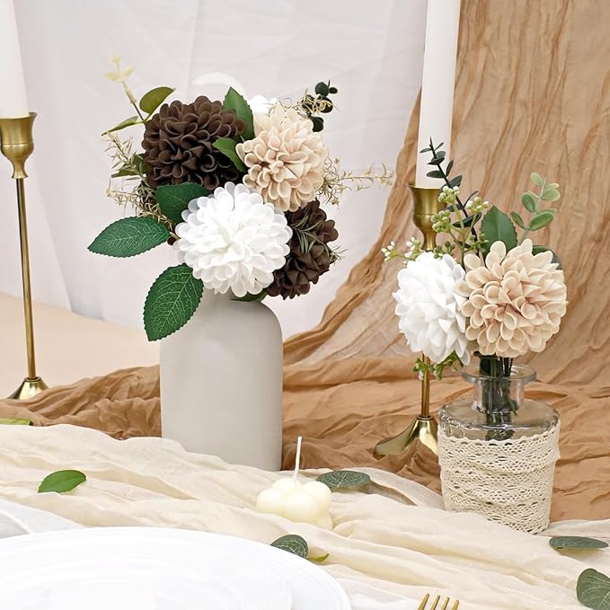 Artificial Flowers, 50pcs Artificial Rose for DIY Bouquets Arrangement,Chocolate and Tan Dahlia Flowers Foam Fake with Stems for Wedding Shower Party Floral Arrangements Tables Home Decorations