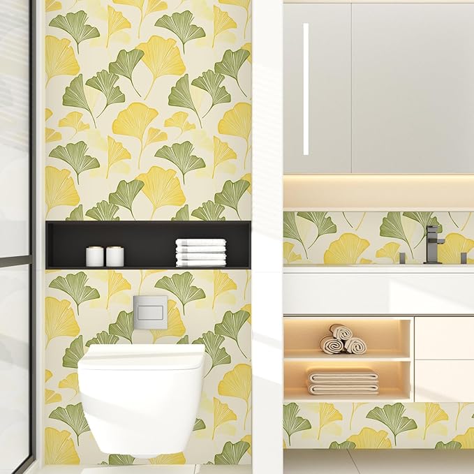 Gingko Wallpaper Peel and Stick, Yellow/Green Leaf Contact Paper, Vintage Autumn Botanical Leaves Wall Paper 17.5" x 118" Self Adhesive Removable Waterproof for Bedroom Shelves Cabinet Drawer Table