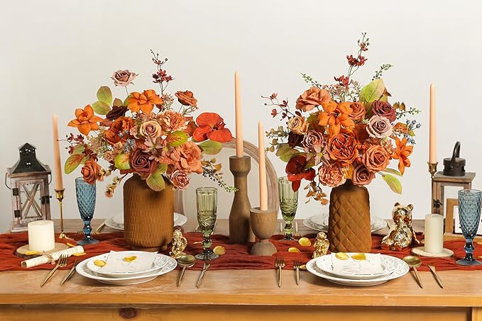 Burnt Orange Artificial Flowers Set - Fake Roses, Peonies, Silk Flowers with Stems for DIY Wedding Bouquets,Floral Arrangement,Table Centerpieces,Baby Shower, Home Decor