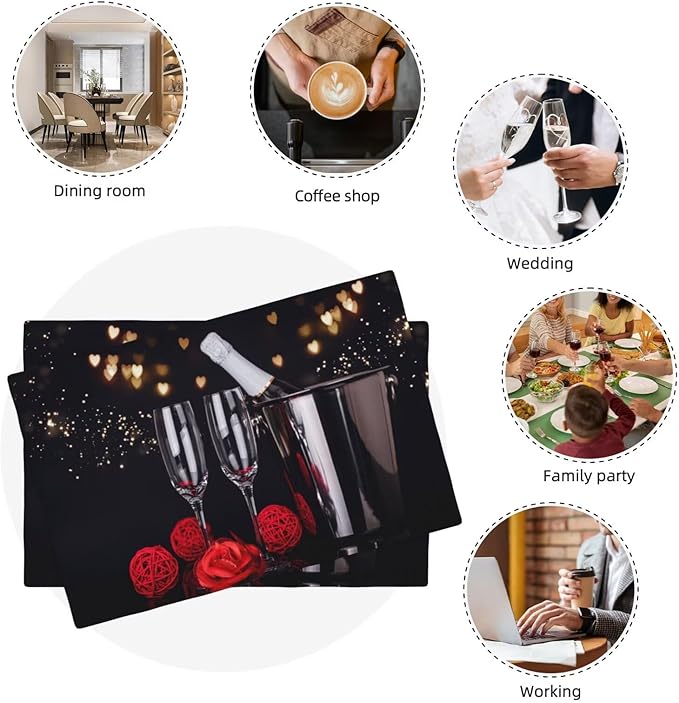 Red Rose Wine Linen Table Placemats Set of 4 Romantic Floral Modern Art Placemat Indoor Outdoor Party Home Desktop Kitchen Dining Room Decoration 12x18 Inch