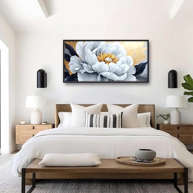 Flower Large Wall Art Framed Gold Wall Decor for Living Room Abstract Floral Pictures Oversized Canvas Print Painting Modern Extra Large Framed Artwork for Bedroom Office Home Decor 60"x30"