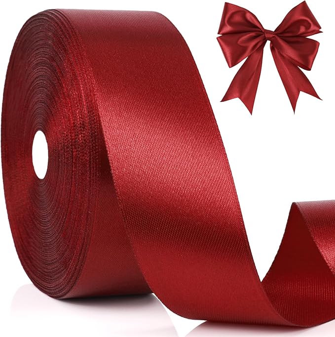 NESCCI 100 Yards Ribbon,1-1/2 Inch Wine Red Satin Ribbon,Single Face Satin Ribbons, Perfect for Gift Wrapping,Wedding Decoration,Handmade Bows, Wrapping Bouquet and More