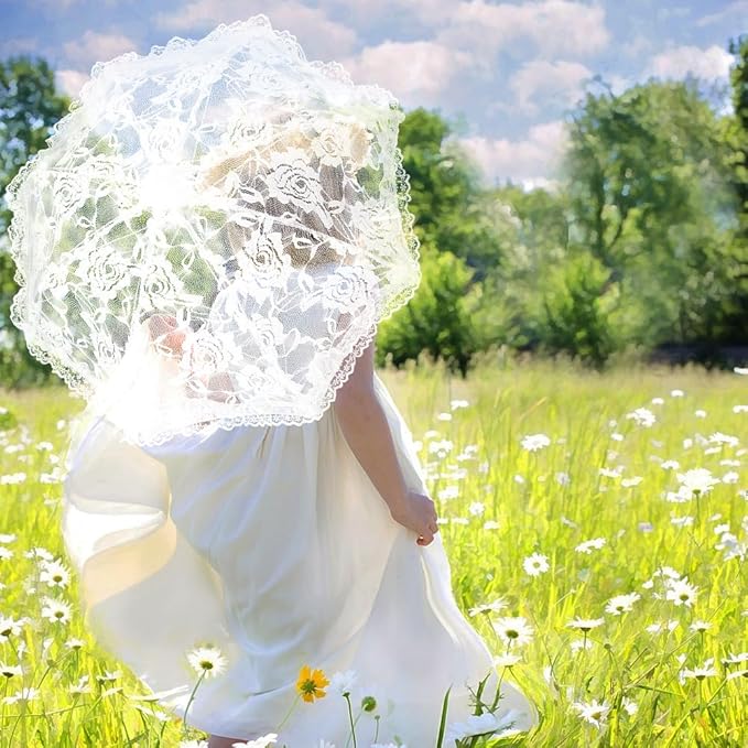 White Lace Embroidery Umbrella, 16.5 X 19.3in Bridal Decorative Photography Craft Sunshade Vintage Parasol Flowers Wedding Pet Decoration Umbrellas for Party Kids Women Photo Shoot Props