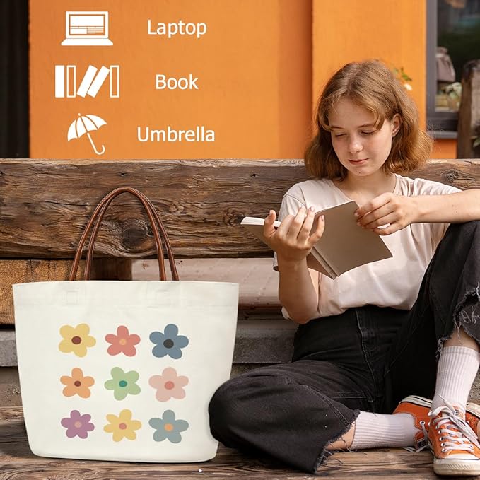 Floral Canvas Tote Bag For Women, Flower Tote Bags for Grocery Shoulder Bag for Work Beach Travel Gym, Beach Bag Shopping Handbag Motivational Gifts Birthday Gifts for Mom Teacher Friends -16