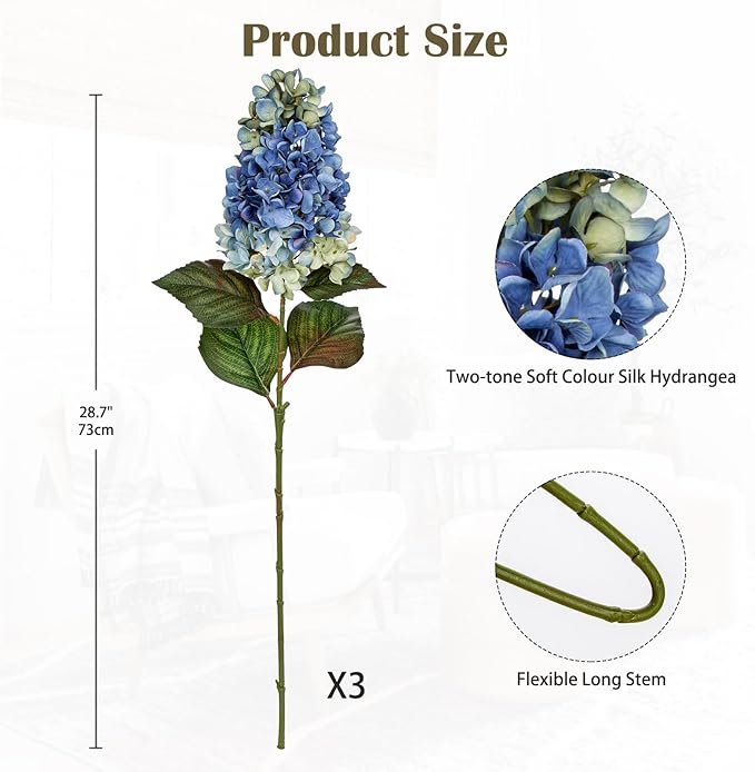 3PCS Fake Flowers Hydrangea Artificial Flowers 28" Long Stem Blue Faux Flowers for Vase, Real Touch Silk Flowers Décor for Floral Arrangement Home Farmhouse Office Hotel Decoration