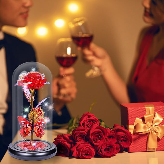 Pusuny Christmas Rose Gifts for Women Birthday Gift Galaxy Glass Rose Forever Eternal Crystal Flower Light Up Roses in Glass Dome with Butterfly Xmas Gifts for Women Mom Grandma Wife Her Sister Red