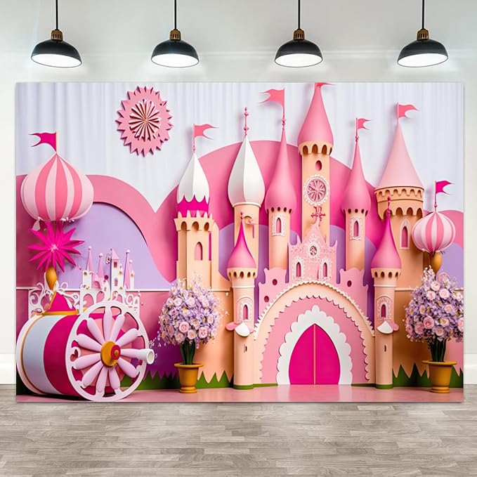 12x6ft Princess Castle Backdrop Pink Purple Floral Girl Birthday Photography Background Kids Birthdays Newborn Baby Shower Banner Decorations Wedding Party Portrait Photo Booth Prop