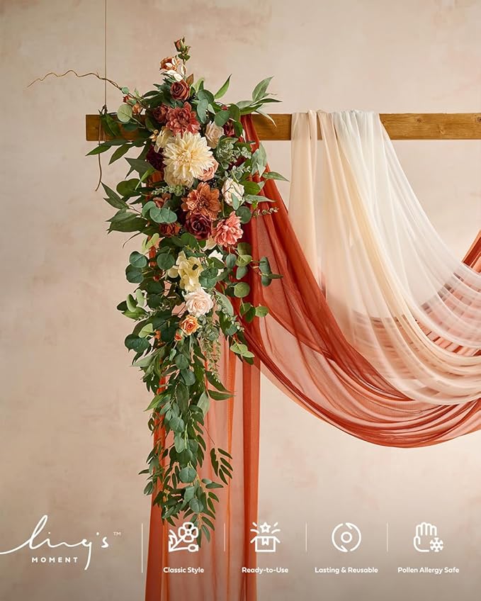 Ling's moment Fall Wedding Arch Flowers with Sheer Drapes Kit - Artificial Terracotta and Burnt Orange Floral for Ceremony Backdrop, Arbor Decor, 5-Piece Set (2 Flower Stems + 3 Hanging Drapes)