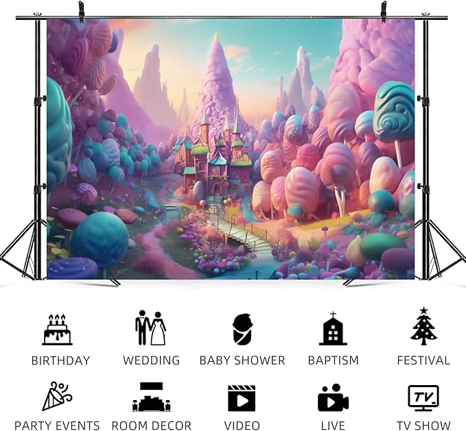 5x3ft Candyland Backdrop Fantasy Candy Castle Photography Background Sweet Lollipop Dream Blue Sky Cartoon Kids Birthday Banner Decorations Baby Shower Newborn Portrait Photo Booth Prop