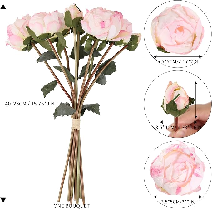 Pink Peonies Artificial Flowers 2 Bouquets Vintage Peonies 18pcs Pink Peonies with Single Long Stems Silk Flowers for Wedding Decoration Bride Bouquet Flowers Crafts Floral Arrangement (Pink)