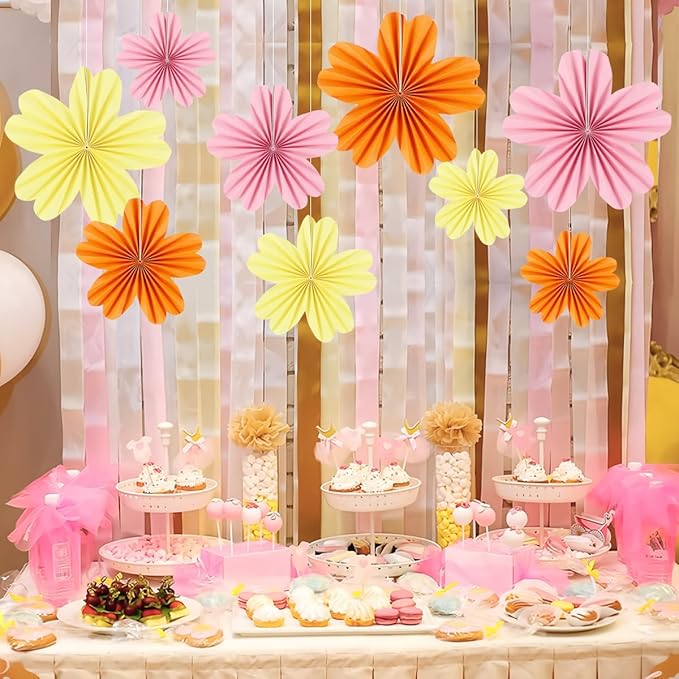 zilue Paper Fans Party Decorations Paper Flowers Decorations for Wall Classroom Floral Backdrop Baby Shower Birthday Party Flower Wall Decor Pack of 9 Pink Orange Ivory