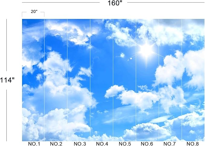 Eierme-Blue Sky Background with White Clouds Mural Wallpaper Peel and Stick 160" x 114"