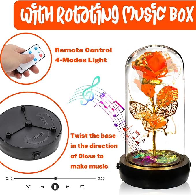 Birthday Rose Flower Gifts for Women, Glass Flower Gift for Mom from Daughter Son, Colorful Orange Light Up Rose in Glass Dome with Music Box for Her Wife Grandma