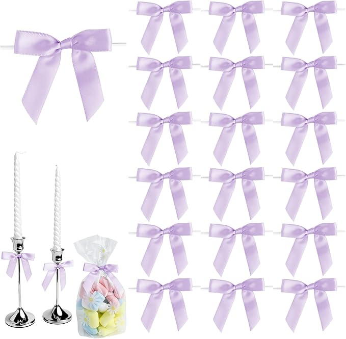 50 PCS Purple Twist Tie Bows 2.5" Satin Ribbon Bows Decor for Gift Wrapping Craft Treat Bags Cake Pop Basket, Wedding Baby Shower Birthday Party Favors