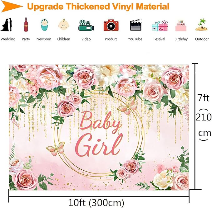 InMemory Pink Rose Baby Girl Baby Shower Backdrop Banner Decorations for Girl,Pink Gold Flower It's a Girl Banner Photography Background for Sweet Girls Baby Shower Party Decor Photoshoot Props 10x7ft