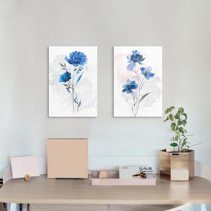 Flower Canvas Abstract Wall Art: 2 Pieces Navy Blue Floral Prints Artwork Vintage Wildflower Bouquet Botanical Picture Painting for Bedroom Living Room Bathroom Home Office