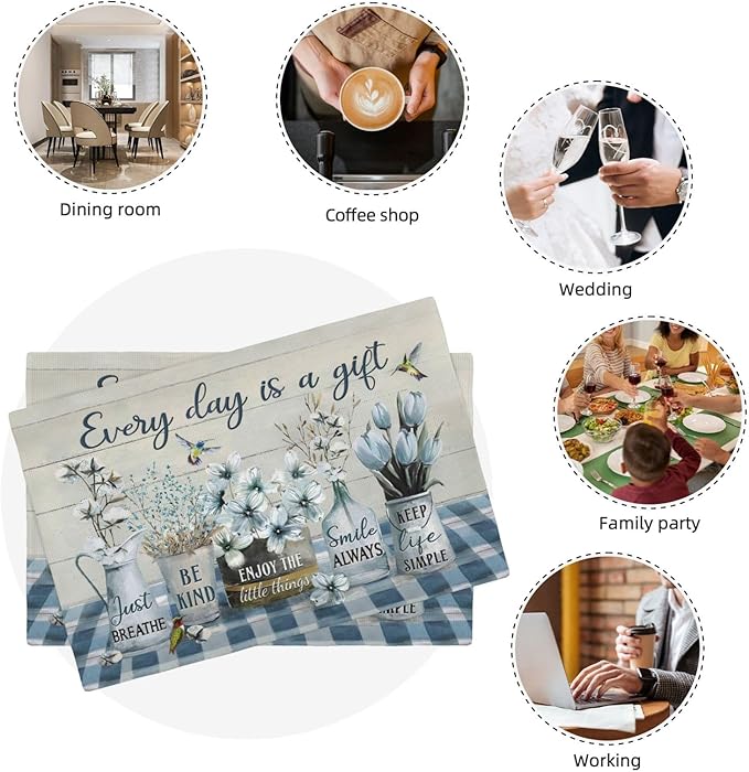 Farmhouse Spring Flower Placemats Set of 4 Every Day is A Gift Rustic Floral Double-Sided Table Mats for Dining Room Home Party Indoor 4 PCS 12x18 Inch