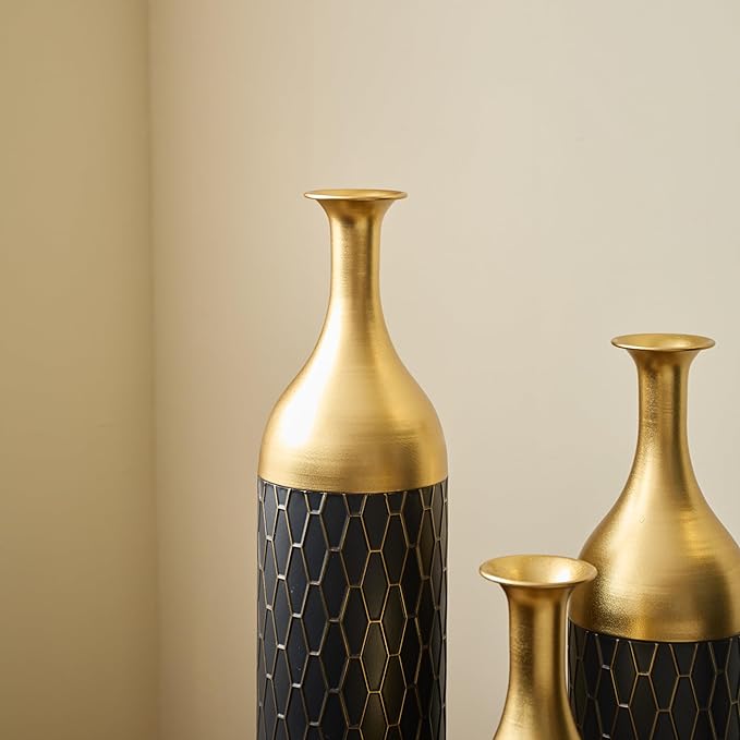 Metal Floor Vases Decorative Tall, Set of 3 Flower Arrangement Stand, Gold＆Black Metal Floor Vases for Living Room Corner, Entryway & Bedroom, 34", 30", 24.8" H (Gold＆Black)