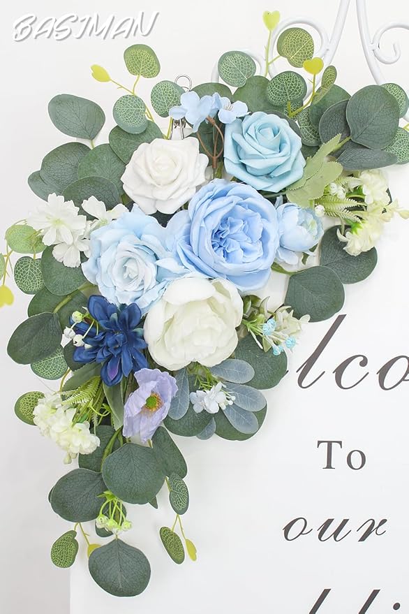 2pcs Wedding Arch Flowers,Wedding Artificial Sign Flower,Welcome Easel Door Decor Wall swags for Reception Backdrop Table Decorations Welcome Sign (Baby Blue)