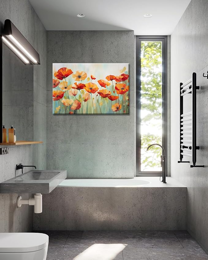GLOKAKA Vibrant Poppies Wall Art Floral Red and Orange Watercolor Poppy Flower Painting Print Canvas Artwork For Living Room Bathroom Dinning Room Decor (Vibrant Poppies, 36"x24")