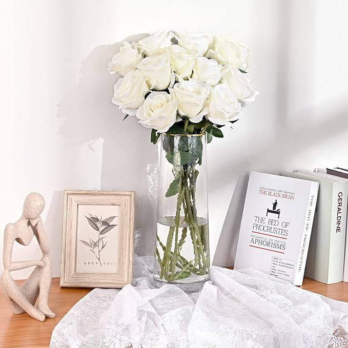 Waipfaru 16 Pcs Artificial Flowers Fake Silk White Roses Bulk, Faux Real Touch Roses Bouquet with Long Stem for Wedding Party Home Decor (White)