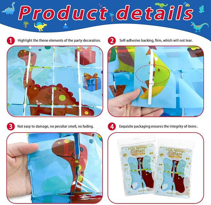 Dinosaur Birthday Party Decorations 2 Pack Dinosaur Foil Fringe Curtains 3.28 x 6.56Ft Tinsel Curtain Backdrop Blue Photo Booth Backdrop Dino Theme Birthday Party Supplies for Kids Boys Girls