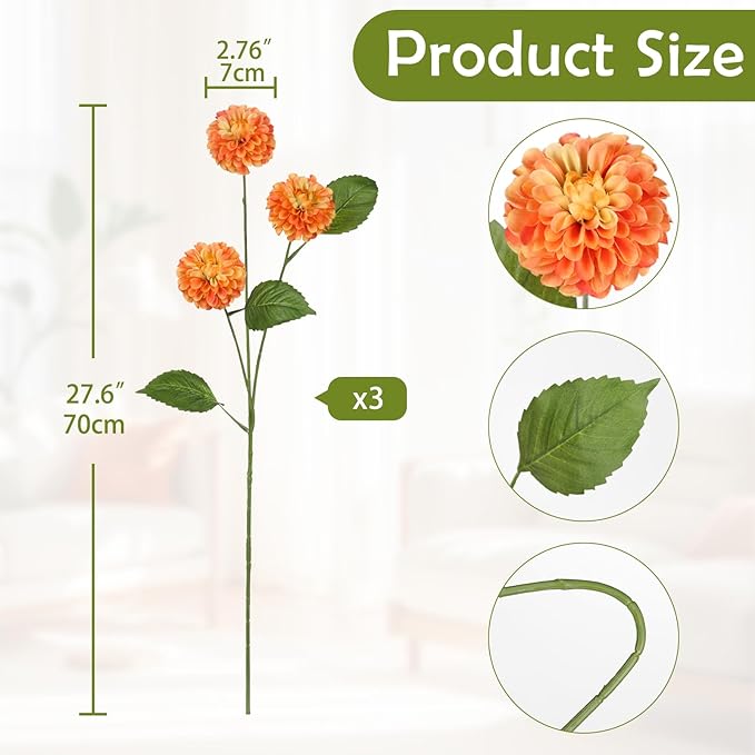 Hollyone 27.6" Orange Artificial Dahlia Flowers 3Pcs Fake Roses Bouquet Ball Dahlia Flower Arrangement Faux Pincushion Flower with 3 Heads Long Stem for Centerpiece Home Decor