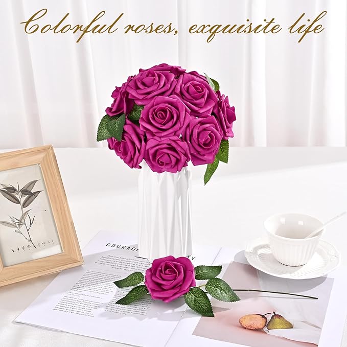 BLEUM CADE 36Pcs Artificial Flowers Fake Roses with Stems, Rose Red Boxed Foam Roses for DIY Bouquets Centerpieces Wedding Party Arrangement Bridal Shower Decor