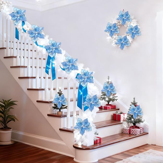 24 Pcs Christmas Poinsettia Flowers Artificial with Clips, 5.9" Christmas Decor Glitter Poinsettia Flowers for Christmas Tree New Year Wedding Party Wreath DIY Garland Decor (Blue)