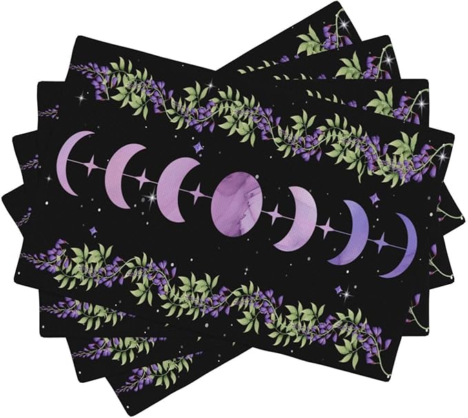 Boho Moon Flowers Placemats Set of 4,Natural Plant Moon Phase Moonlight Kitchen Party Event Table Decor,12x18 Inch,Purple 4 PCS, Style-11