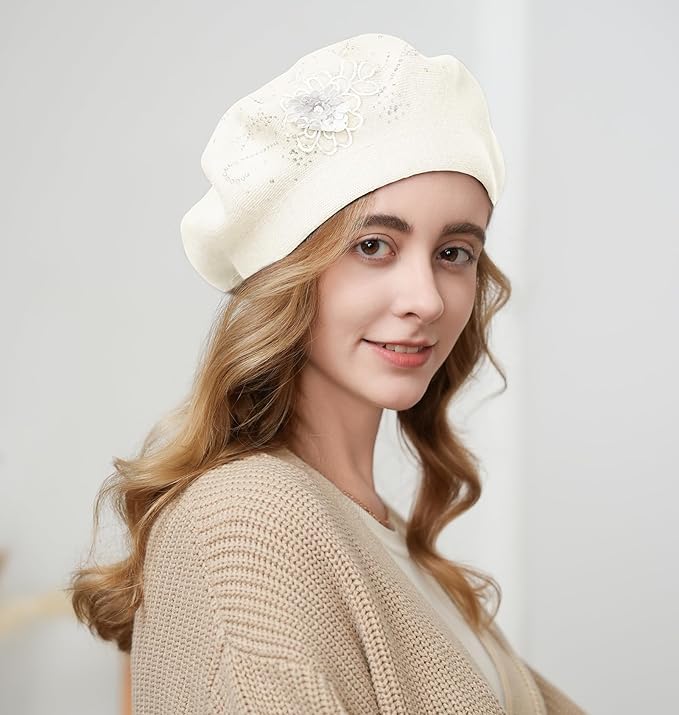 Flower Embroidery Beret Hat for Women, French Style Knitted Beret Hats, Stylish Solid Color Beret Cap for Women Girls Lady