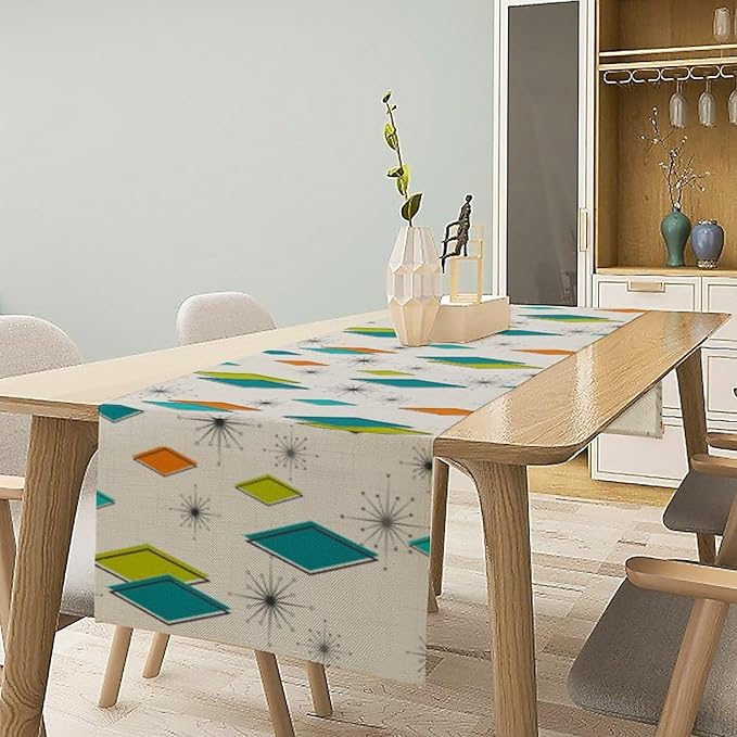 Mid Century Table Runner, Modern Atomic Pattern Absctract Geometric Retro Dinner Runner for Home Kitchen Dining Table Decoration, 13x36 Inch