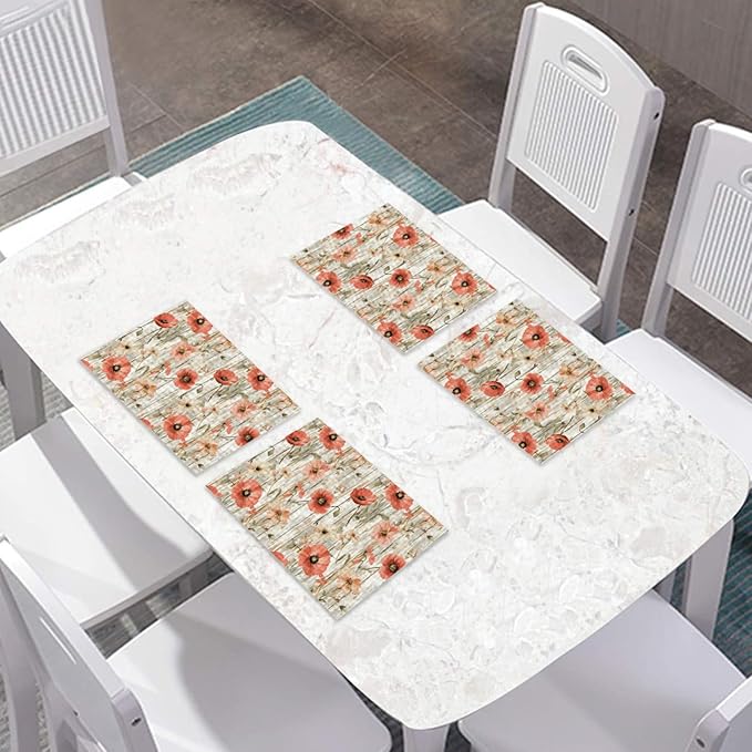 Placemats Set of 4 Waterproof Oilproof Table Mats Vintage Poppy Flowers Washable Wipeable Heat Resistant Easy to Clean for Indoor Outdoor Party Kitchen Dining Table Decoration 12 * 18in