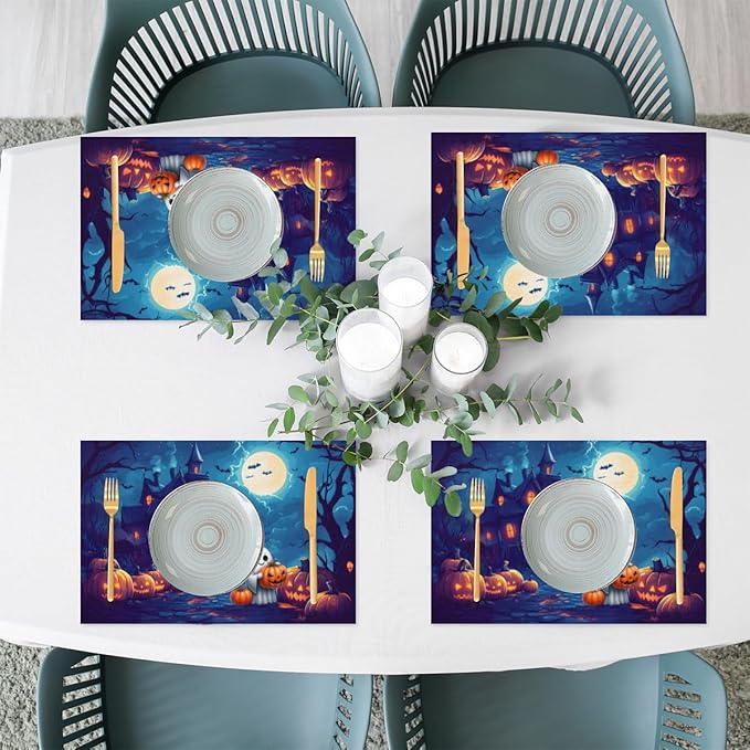 Halloween Cute Ghosts Pumpkin Placemats Set of 1 PVC Vinyl Non Slip Table Mats Heat Resistant Place Mats Washable Wipeable Dining Table Mat for Kitchen Decor Party Indoor Outdoor Decorative Gift