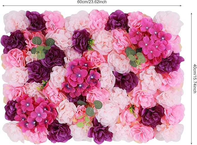 Flower Wall Panel Floral Backdrop,6pcs Champagne Flower Wall Decor,Silk Rose Wall, Artificial Flower Backdrop Faux Flower Panel for Wedding (6PCS Pink, Purple)