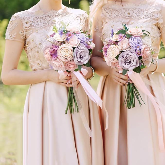 Serwalin Artificial Flowers Fake Silk Flowers Combo Realistic Mixed Roses Box for DIY Wedding Bridal Bouquets Centerpieces Arrangements Faux Flowers with Stems Home Party Decoration, Pink&Lilac