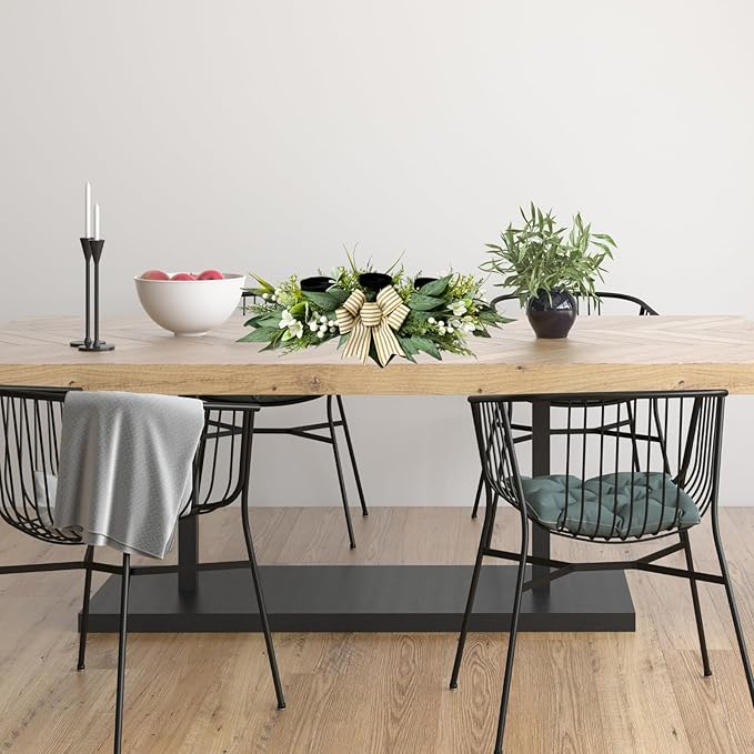 Candle Holder Centerpiece for Table,3 Wick Candle Holder with Artificial Gypsophila Flower,Artificial Eucalyptus Leaves Magnolia Holly Berries and Striped Bow for Table Centerpiece Decor,Dining Room