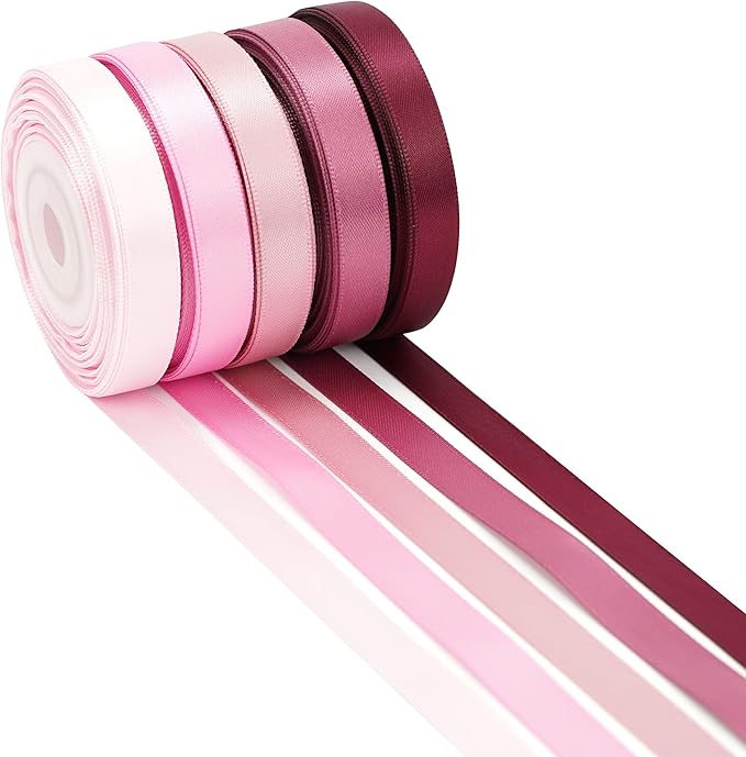 HUIHUANG Pink Ribbon Pack Satin Ribbon Assortment 5 Colors Double Face Valentine's Day Ribbon for Gift Wrapping Wedding Decor Baby Shower Decor, 3/8" X 10 Yard Each Total 50 Yds Per Package