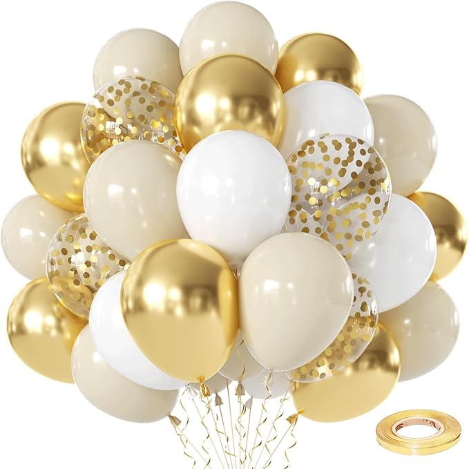 White and Gold Confetti Balloons, 50pcs 12 Inch Metallic Champagne Gold Latex Balloons Matte Sand Beige White Latex Balloons for Birthday Graduation Wedding Gender Revea Party Decorations