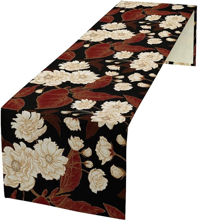 Red Gold Floral Table Runner, Boho Dark Flower Leaves Chinese Plum Blossoms Botanical Vintage White Gold Art Print Table Runner for Spring Holiday Decor, 13x60inch