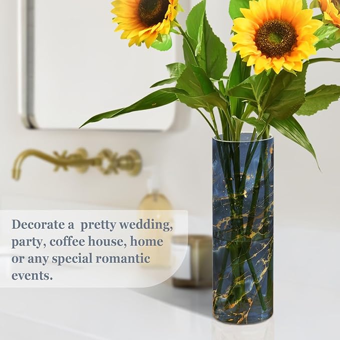 Marble Texture Natural Luxury Navy Blue Gold Color Plastic Vase 11.8 x 3.9 Inch Large Flower Vases Clear Flower Vases for Bouquet Indoor Bedroom Dining Room Decor