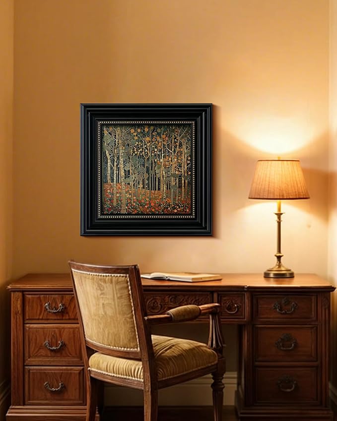 Vintage 3D Textured Framed Autumn Forest Wall Art 16x16 Botanical Tree Decorative Painting, Sandstone Surface Landscape Artwork Black Frame Gold Dot, Home Room Bedroom Office Decor
