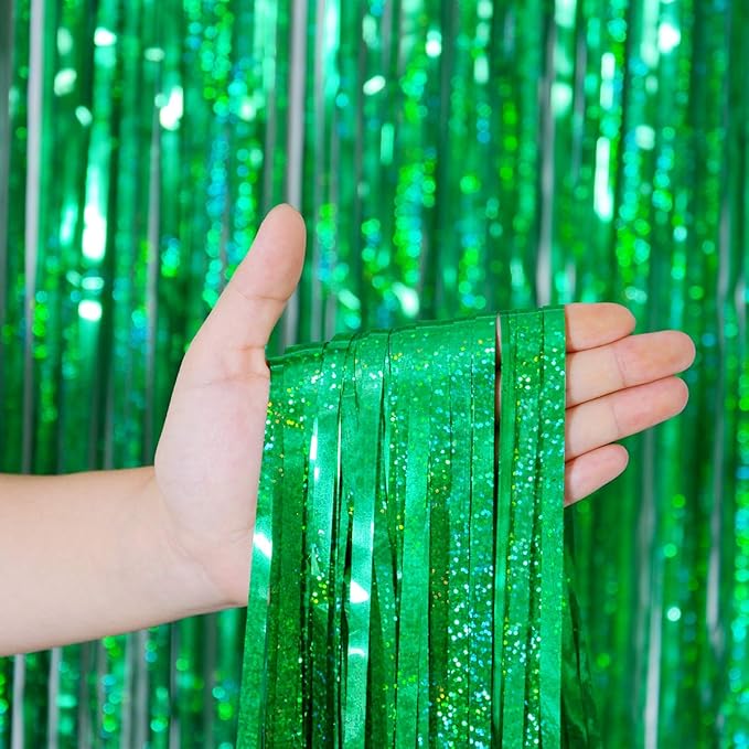 Foil Fringe Curtains Christmas Decorations - Melsan 3 Pack 3.2 x 8.2 ft Green Tinsel Curtain Party Photo Backdrop for Birthday Party Baby Shower or Graduation Decorations