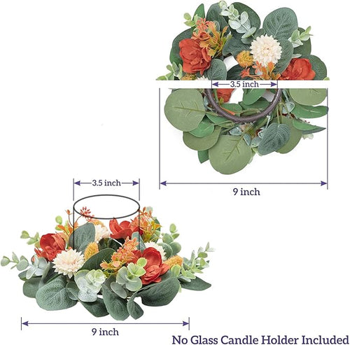 2 Pcs Mini Fall Orange Floral Candle Rings Wreaths for Pillars Home Table Window Decor, 9 Inches Artificial Flower Cabinet Wreath for Autumn Kitchen Farmhouse Wedding Party (Orange Delphinium)