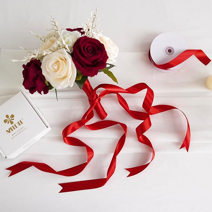 MEEDEE Red Ribbon 1 Inch Red Satin Ribbon Lux Double Faced Satin Ribbons by 50 Yards Polyester Wrapping Ribbons for Crafts, Weddings, Flower Bouquet, Holiday Decorating