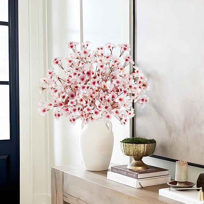 12 Pcs Artificial Cherry Blossom Flowers 18" Faux Silk Cherry Blossom Stems Fake Real Touch Peach Branches for Wedding Home Garden Japanese Decor Light Pink