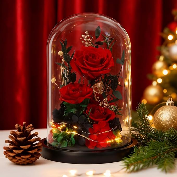 Christmas Real Preserved Flowers with LED, Red Forever Eternal Roses in Glass Dome, Gifts for Her Women Girlfriend for Birthday Anniversary, Home Decor