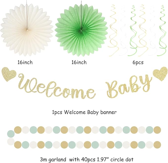 Sage-Green Champagne-Beige Baby Shower Party-Decorations - 21pcs Girls Boy Welcome Baby Banner,Paper Lanterns Pom Poms,Safari Woodland Boho Neutral Streamers Garland Decor Favors Huglony