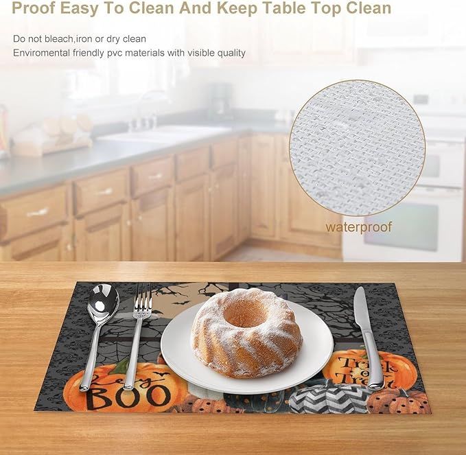 Boo Black Cat Pumpkins Halloween Placemats Gothic Dark Damask Bat Spider Web Dark Forest Funny Pumpkin Placemats Table Kitchen Dining Party 12x18 Inch Set of 4