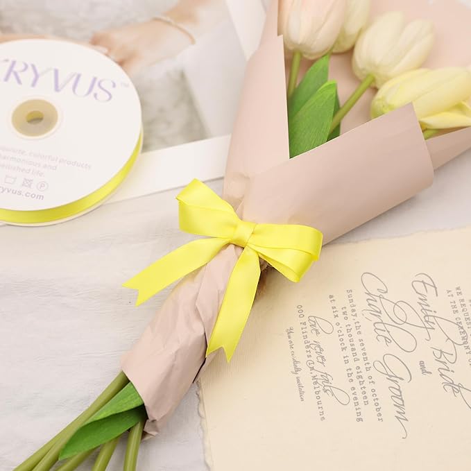 Lemon Yellow Satin Ribbon, Double Faced 5/8 Inch X 50 Yards Lemon Yellow Ribbon, Premium Satin Ribbons for Gift Wrapping, Crafts, Hair Bow Making, Sewing, Flower Bouquet, Wedding Party Decor